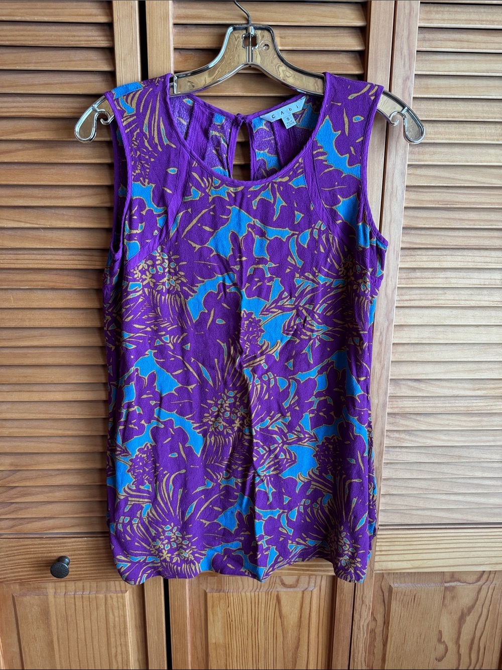 CAbi Purple Sleeveless Floral Shell with Teal Accents